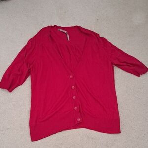 Penningtons Bold Red Button-Up Quarter   Sleeve Cardigan